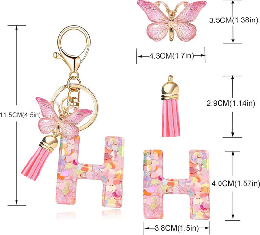 Fashion Alphabet Initial Letter Keychain Tassel Butterfly Pendant Key Ring for Purse Handbags Women Girl