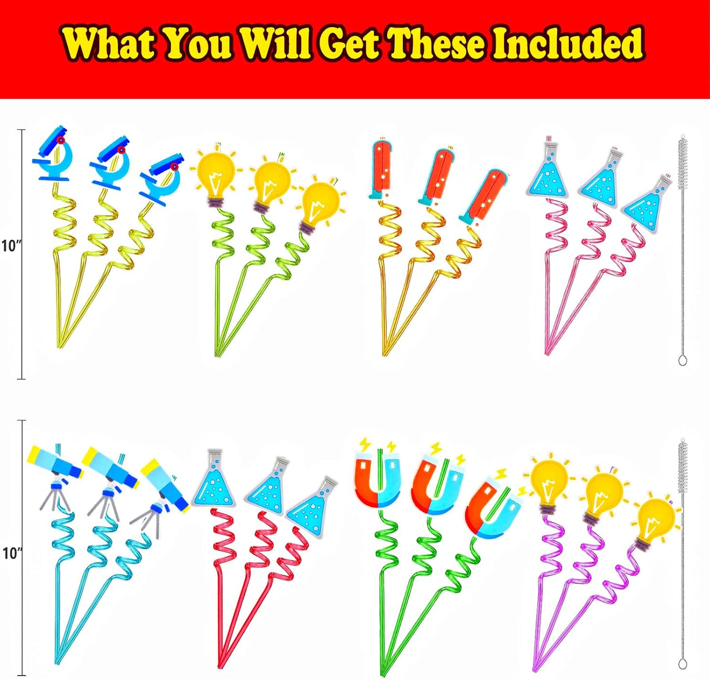 24pcs Science Theme Shaped Straws Reusable Plastic, Drink Cocktail Straws with Cartoon Decorations Kids Mad Scientist Party Supplies Birthday Party Favors