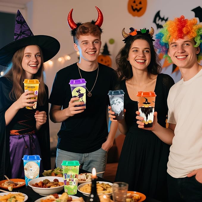 Jansun 12pcs Halloween Color Changing Cups, 16Oz Reusable Plastic Coffee Cups with Lids for Party Decorations Halloween Cups for Party Favors Supplies