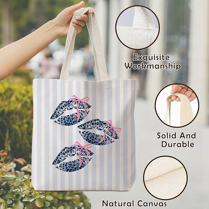Coquette Bow Blue Leopard Lip Tote Bag for Women,Trendy Cheetah Print Canvas Tote Bag for Girls,Girly Leopard Lip Print Aesthetic Reusable Shopping Grocery Bags Party Favors