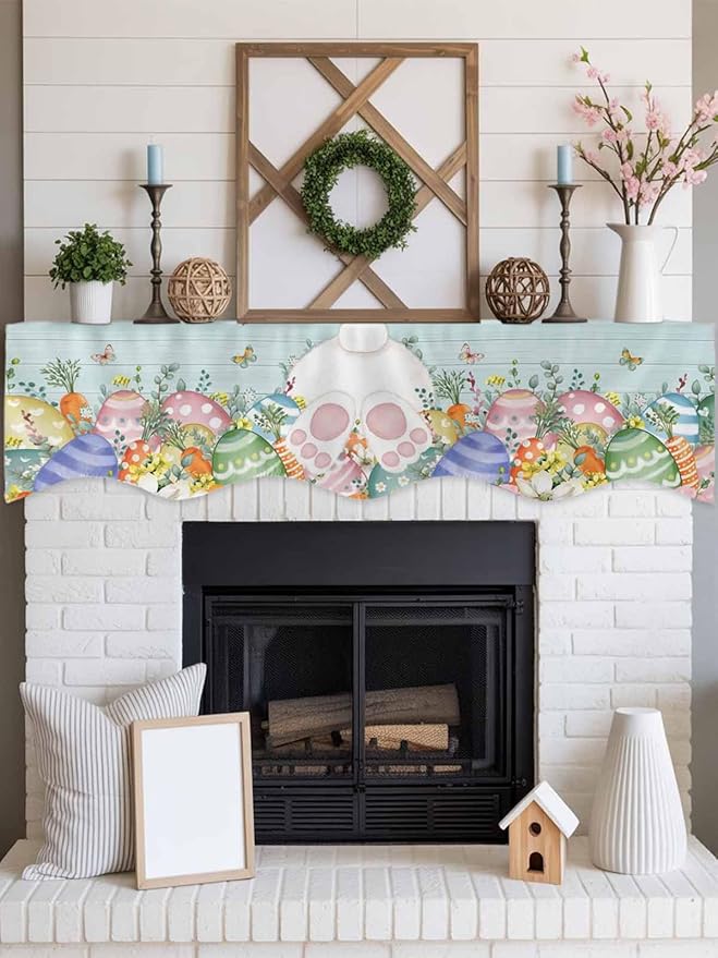 Easter Bunny Tail Fireplace Mantel Scarf Table Runner, Colorful Easter Eggs Teal Wooden Leaves Winter Garland Mantel Top Tablerunners Dresser Scarves Cover for Windows Party Living Room 70''x17''