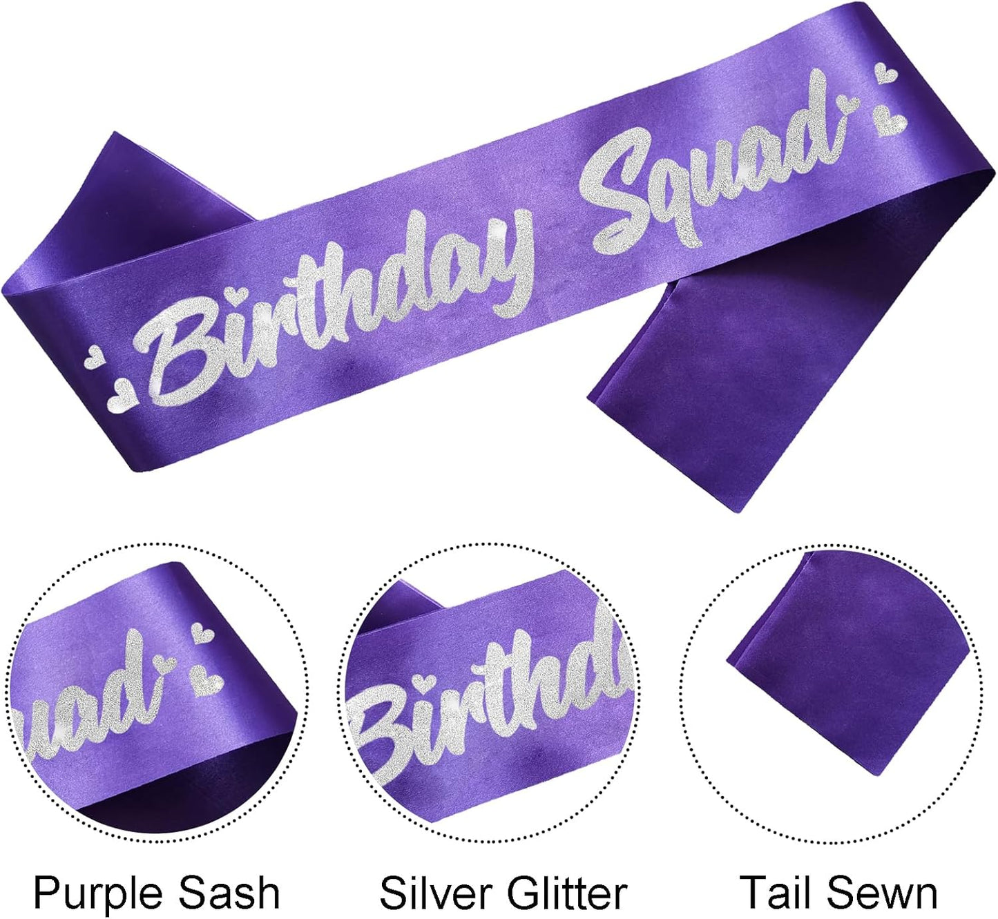 6 Pieces Birthday Squad Sash Set Purple with Silver Glitter Lettering Birthday Sash for Women Funny Party Favors Decorations for Sweet 16 18th 21st 25th 30th 40th 50th or Other Bday