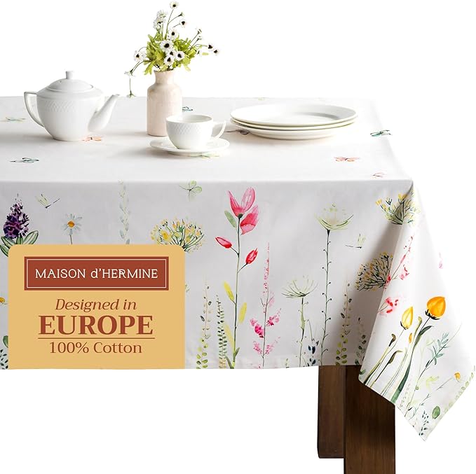 Maison d' Hermine Table Cloth Square Table 100% Cotton 60 x 60 Inches Tablecloth Reusable Decorative for Dining Room Farmhouse Home Valentines Day Decorations Spring Summer - Botanical Fresh