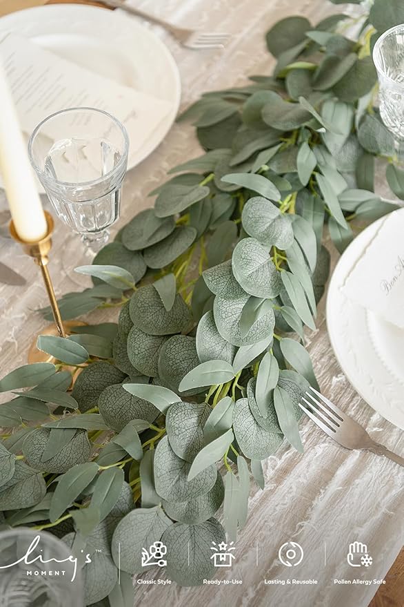 Ling's Moment Eucalyptus Garland for Table, 5.9ft Sage & Green Fake Eucalyptus Wreaths with Willow, 2pcs Real Touch Leaf Garland for Wedding Centerpieces Arch Rehearsal Dinner Bridal Shower