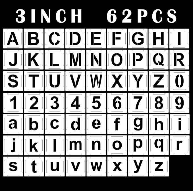 3 Inch Letter Stencils for Painting, 62 Pcs Reusable Plastic Letter Number Stencils, Interlocking Template Kit for Painting on Wood, Wall, Fabric, Rock, Chalkboard, Signage Interlocking Template Kit