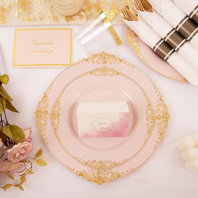Nervure 175PCS Pink Plastic Plates - Disposable Pink Gold Party Plates & Pre Rolled Napkins with Cutlery for 25 Guests, 50Plates, 75Silverware, 25Cups, 25Napkin for Wedding & Party & Valentines