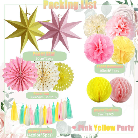 Pink Yellow Party Decorations, Pink Yellow Birthday Decoration,15PCS Pink Decorations for Women Men Girl Boy,Hanging Backdrop Decor for Bear Birthday,Wedding,Winne Baby Shower,Bridal,Garden Party