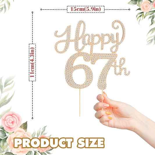 Happy 67th Birthday Decorations,67th Birthday Gold Rhinestone Cake Topper - Cheers to 67 Years Old Bday Party Metal Sparkly Cake Centerpieces Sign.