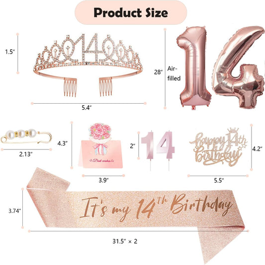 14th Birthday Decorations for Girls, 14th Birthday Sash and Crown, Cake Topper, Number Candles and Balloons, 14 Year Old Gifts for Girls
