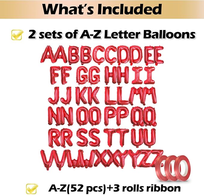 [52 PCS] 16" Foil Red Letter Balloons 2 Sets of A-Z, Mylar Aluminum Hanging Alphabet for Romance Valentine's day Graduation New Year eve Birthday Party Decorations