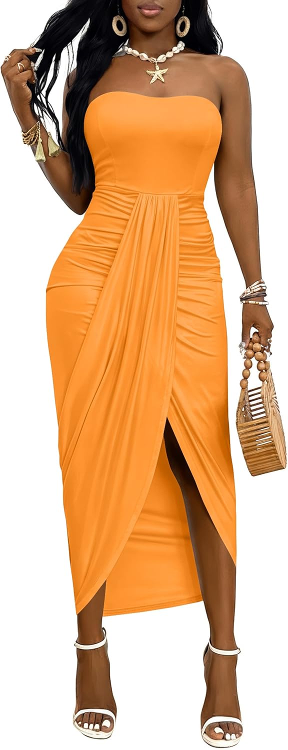 Umenlele Women's Strapless Ruched High Waist Wrap Split Asymmetrical Beach Maxi Long Dress