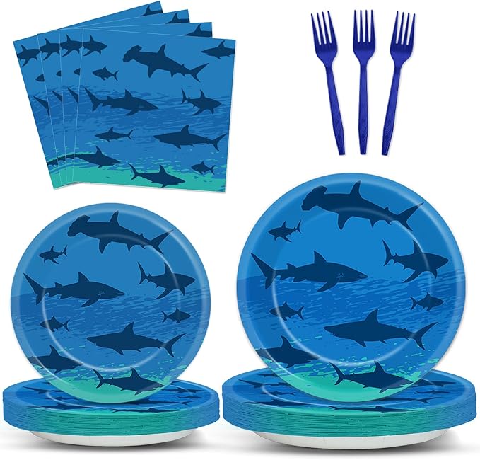 96PCS Shark Birthday Paper Plates Napkins Forks Set for Ocean Shark Themed Party Disposable Decor Under the Sea Party Tableware Sets for Baby Shower Ocean Animal Theme Party Decorations