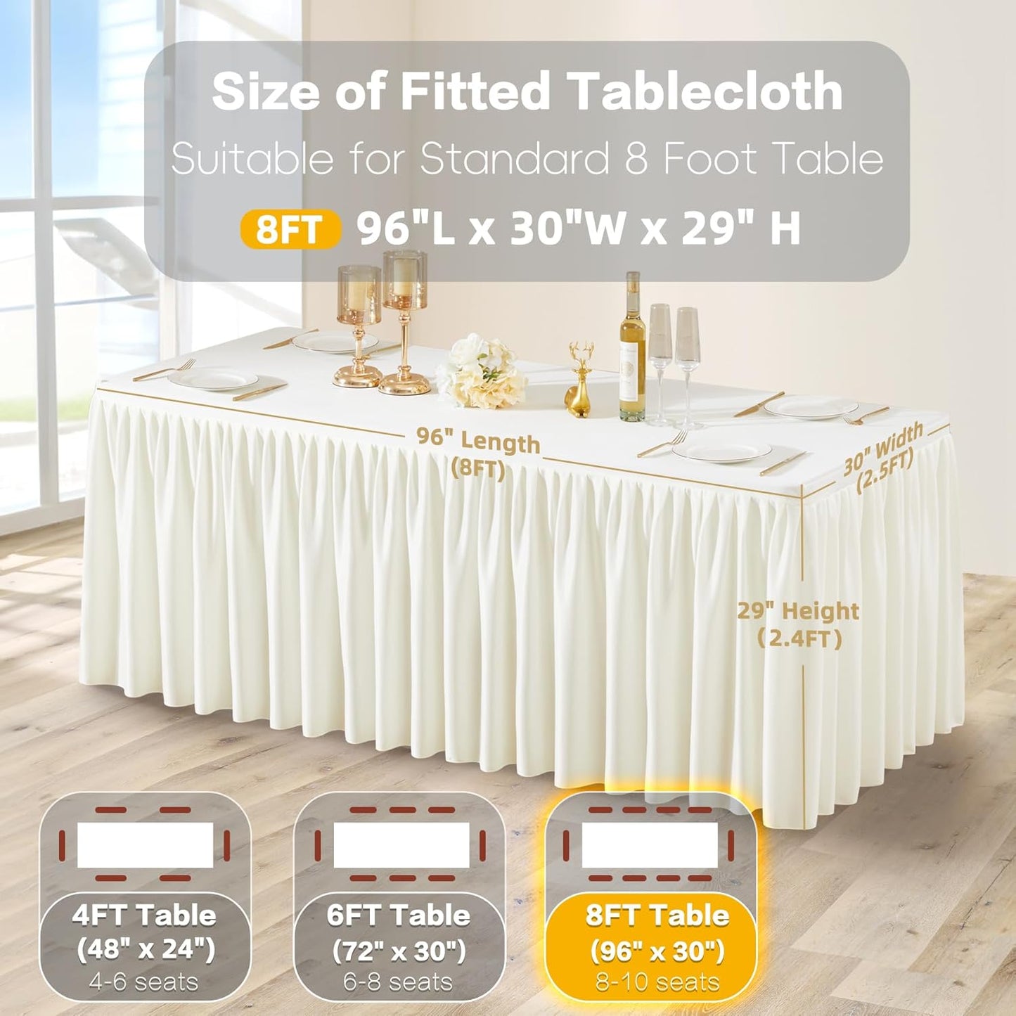 Cream White Polyester Table Clothes for 8 Foot Rectangle Tables, Wrinkle Free Fitted Table Cover with Pleated Ruffle Table Skirt for Birthday Party Wedding Trade Show Event Display