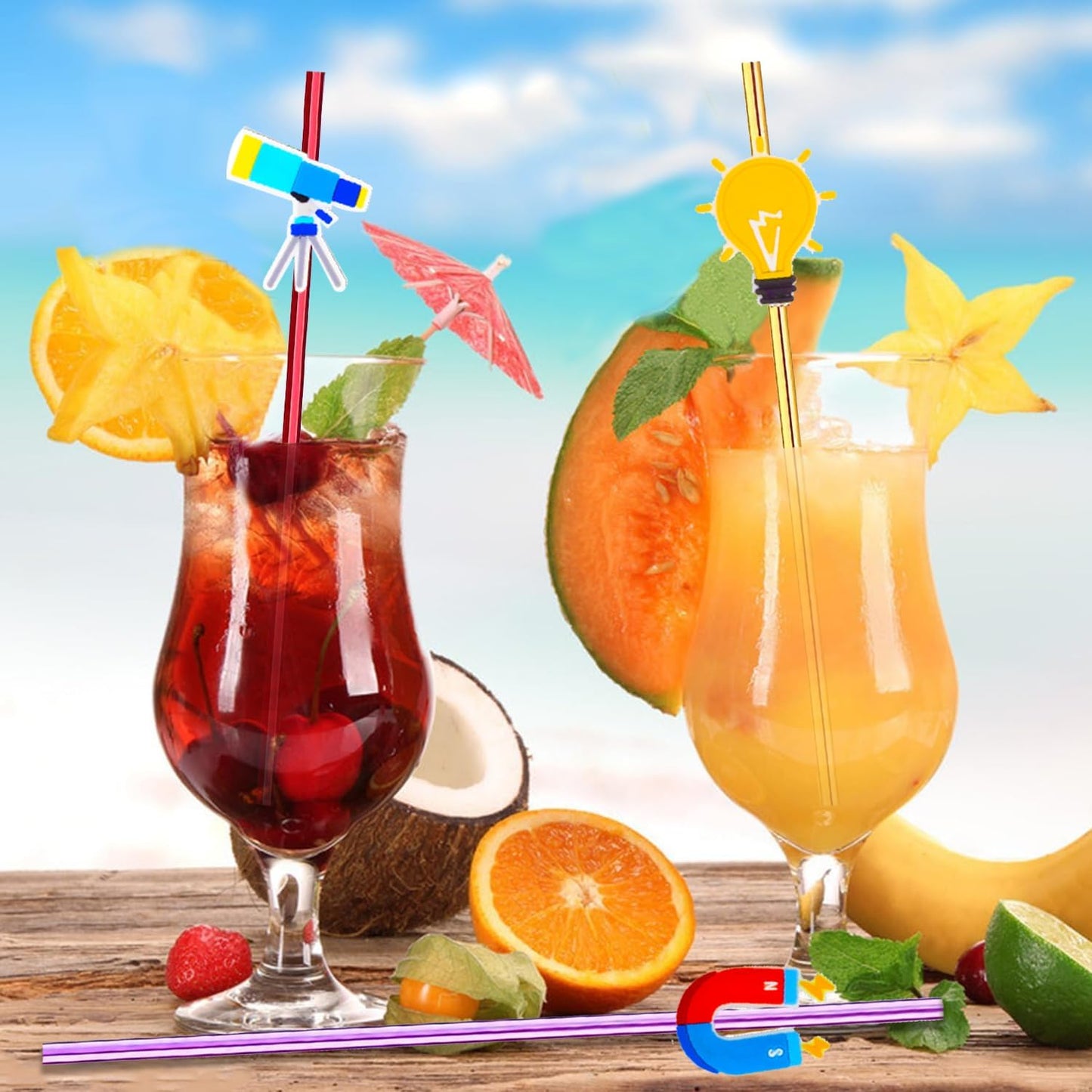24pcs Science Theme Straws 6 Colors Reusable Plastic, Drink Cocktail Straws with Cartoon Decorations Mad Scientist Party Supplies Birthday Party Favors