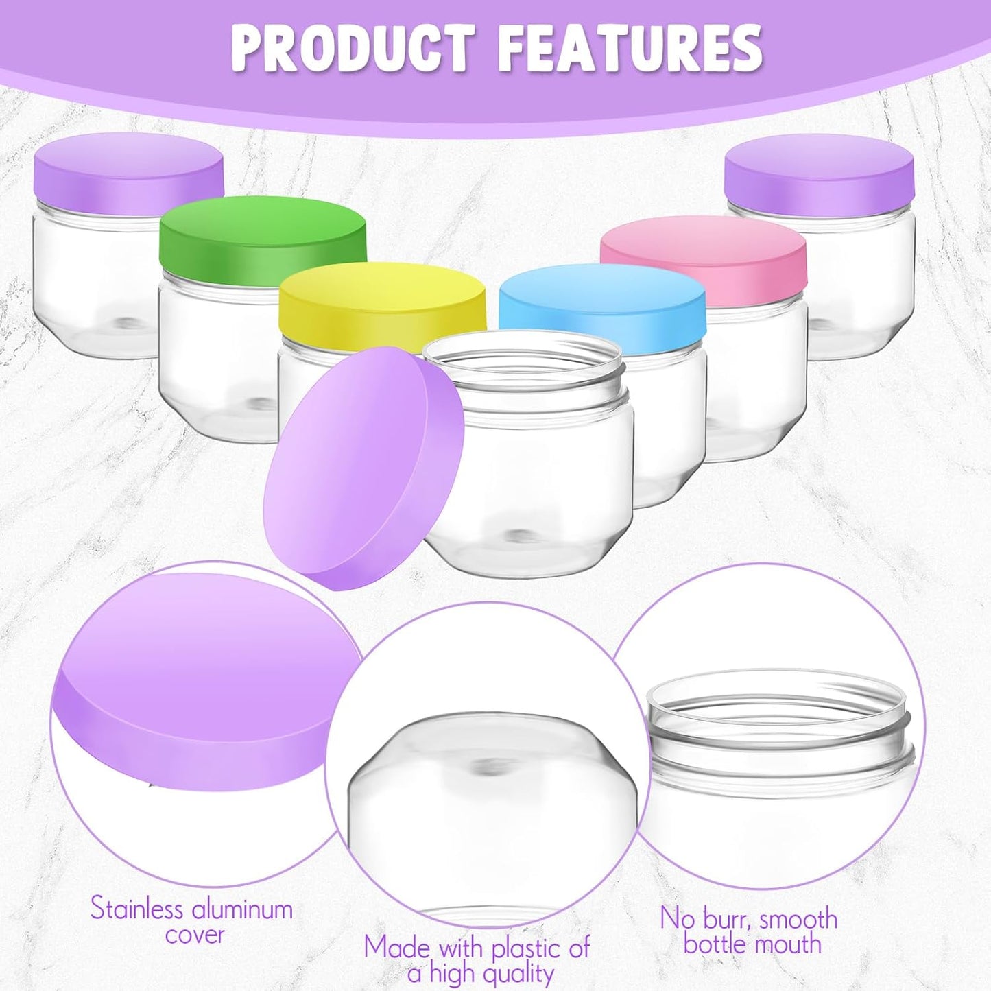Tanlade 60 Pcs 3 oz Clear Plastic Jars with Lids Wide Mouth Mason Jars Mini Storage Containers Bulk for Herb Jelly Wedding Valentine Favors Shower Party Favors(Colorful)