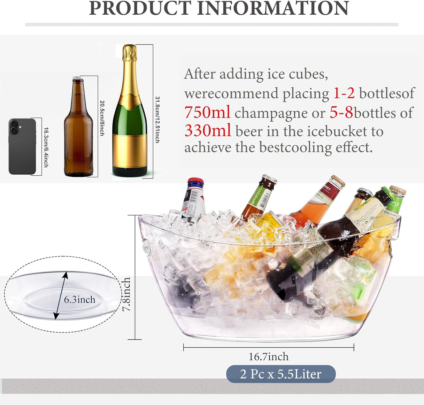 Ice Bucket 2 PCS, Small Ice Buckets for Parties, Mimosa Bar Supplies Beverage Tub for Champagne Beer Sparkling Wine Cocktails（5.5L) 16.5 * 7.3 * 6.8inch