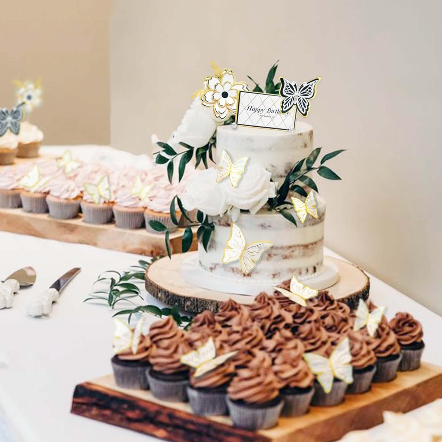 8-Piece White Gold Flower and Butterfly Cake Toppers - Birthday Cake Decorations and Party Decorations