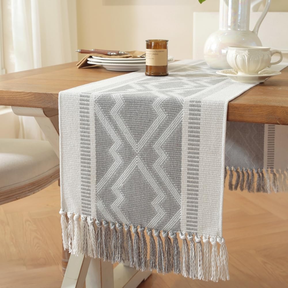 Boho Table Runner ， Natural Cotton Woven Gray Runner，for Modern Farmhouse Decor, with Tassels for Home Dining Table Decor 14 x 90 Inch Long
