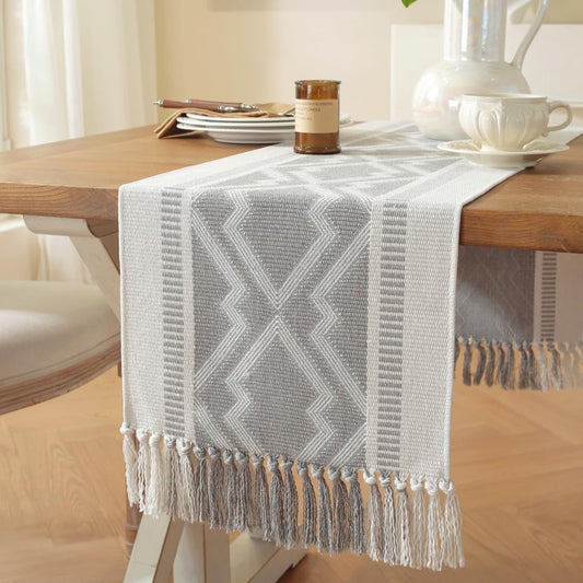 Boho Table Runner ， Natural Cotton Woven Gray Runner，for Modern Farmhouse Decor, with Tassels for Home Dining Table Decor 14 x 90 Inch Long