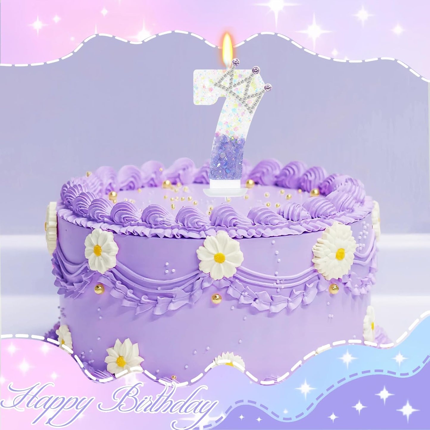 Purple White Number 7 Candle, Glitter Crown Cake Topper, Princess Birthday Party Decorations for Girls and Women Anniversary Celebrations Party Favors