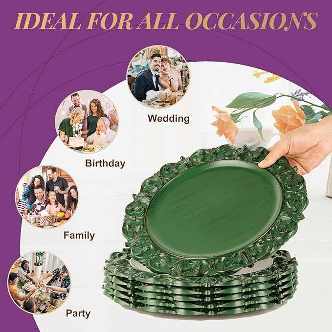 Gifturbo 6 Pcs Green Charger Plates, 13 Inch Round Chargers for Dinner Plates with Vintage Embossed Rim, Antique Plastic Plate Chargers for Christmas Party, Table Setting, Wedding