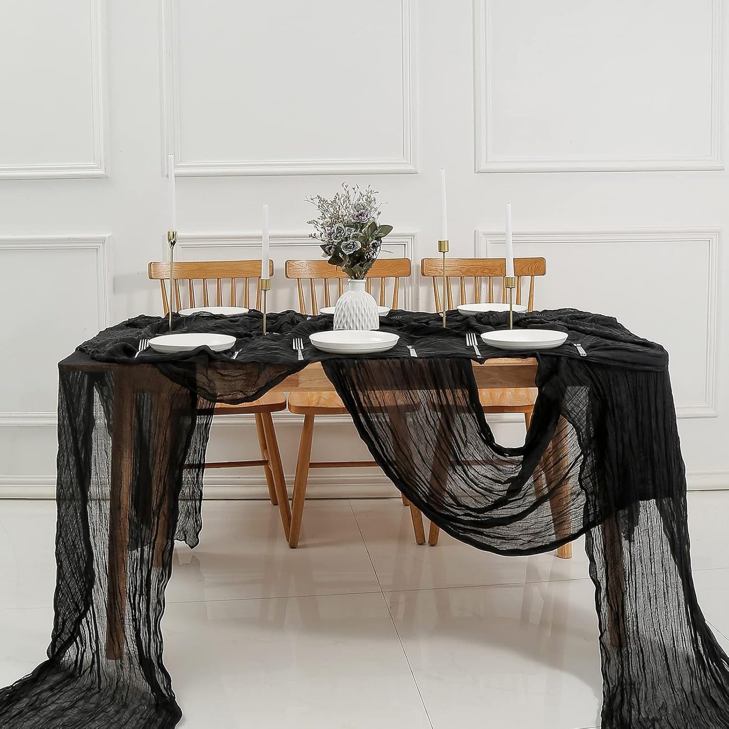 DOLOPL Black Cheesecloth Table Runner 13.3ft Boho Gauze Cheese Cloth Table Runner Rustic Sheer Runner 160inch Long for Wedding Bridal Baby Shower Birthday Party Cake Table Decorations