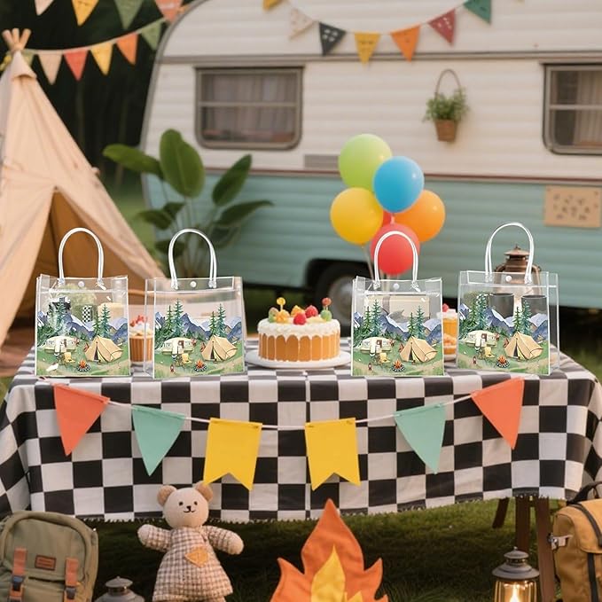 Aliceset Camping Themed Party Favor Bags Camping Themed Treat Goodies Happy Camper Party Bags for Birthday Adventure Baby Shower Supplies Gift Candy Snack Wrapping, 8x8x3.15 inch