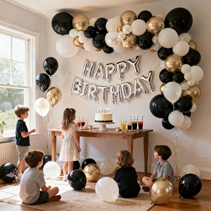 Black and Gold Balloon Arch Kit, Double Stuffed 129 Pcs Gold and Black Balloons Garland with Black Pearl White Sand Ivory Chrome Gold Balloons for Wedding Birthday Event New Year's Party Decoration