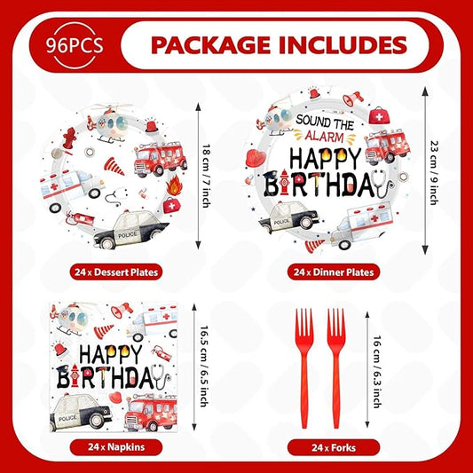 Grencian 96pcs Emergency Vehicle Birthday Party Decorations Fire Truck Plates and Napkins Ambulance Tableware Police Car Dinnerware for Kids Boys Girls Emergency Vehicle Birthday Party Decorations
