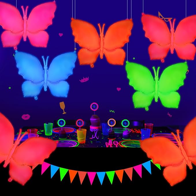 Mega-L Glow in the Dark Party Supplies,5 Pcs Neon Butterfly Balloons Set – Fluorescent Red, Lemon Yellow, Fuchsia, Blue and Orange Balloons Perfect for Birthday, Wedding, Anniversary, Graduation Party