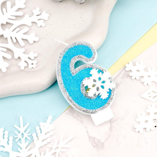 Frozen Themed Birthday Candles Party Decorations, Blue and Silver Number 6 Birthday Candle, Happy Birthday Candle for Cake, Snowflake Cake Topper Decoration for 6th 6 Year Old Party Favor Supplies
