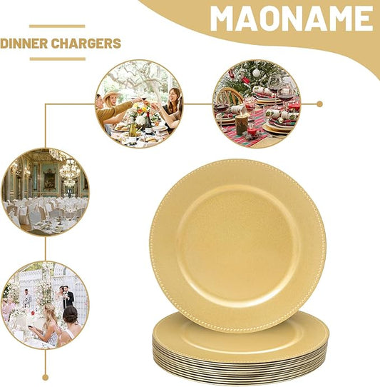 MAONAME 13" Gold Charger Plates Set of 12, Round Charger for Dinner Plates, Plate Chargers with Beaded Rim, Plastic Table Chargers for Wedding, Party