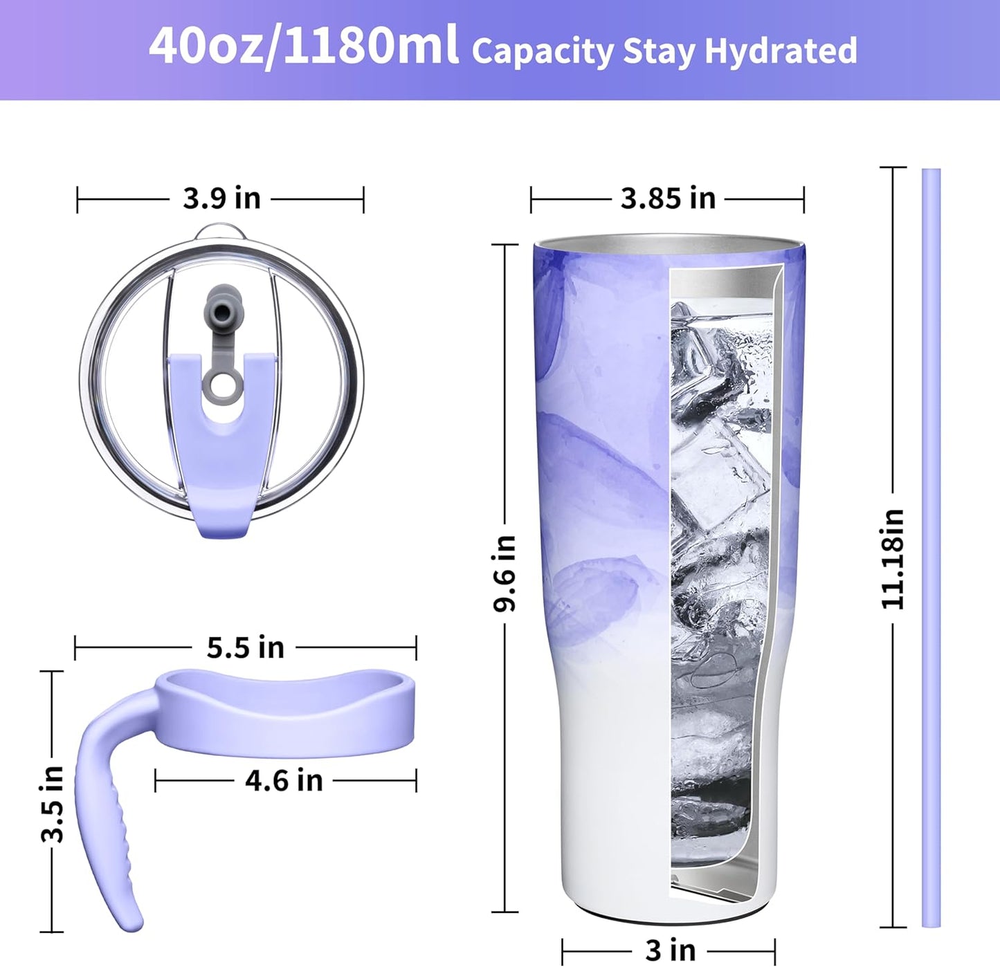 THILY 40 oz Insulated Tumbler with Handle - Stainless Steel Coffee Travel Mug with Lid and Straws, Keep Drinks Cold for 34 Hours or Hot for 12 Hours, Violet Leaves