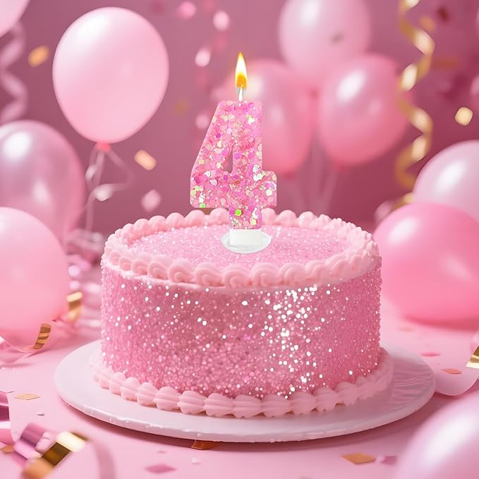 Zailo Birthday Number Candles, Glitter Number Candle Cake Decorations with Sequins, Cupcake Decorations for Girls, Women, Party Anniversary Celebrations (Number 4, Light Pink)