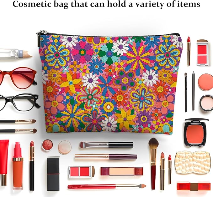 4 Pcs Retro Flowers Makeup Bag, Hippie Stuff Boho Cosmetic Bags Plant Lover Friendship Gifts for Women Sister Bestie Mom Friend Thanksgiving Christmas Birthday Gifts Travel Toiletry Bag Accessories