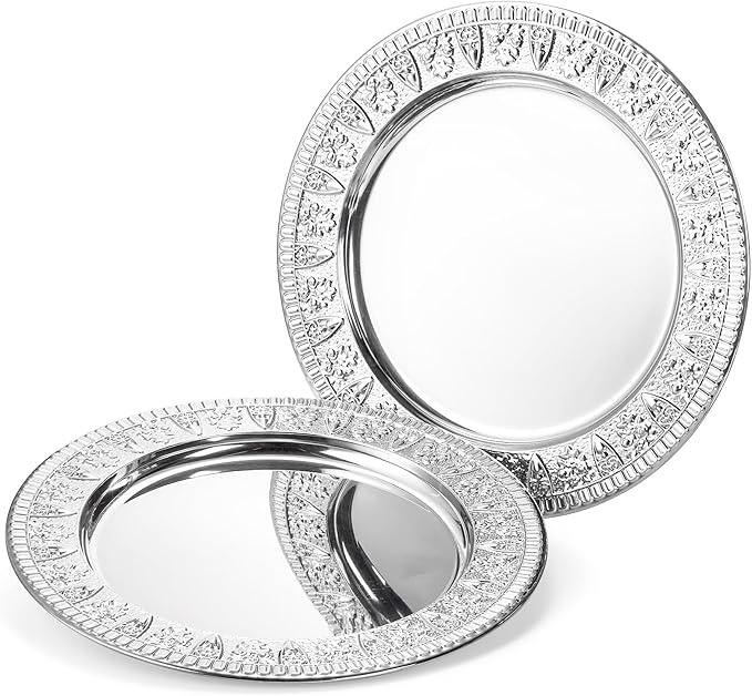 ZENFUN 6 Pack 12" Stainless Steel Charger Plates, Round Metal Plates with Flower Pattern, Large Serving Camping Plates for Home Kichten, Banquets, Parties, Restaurants