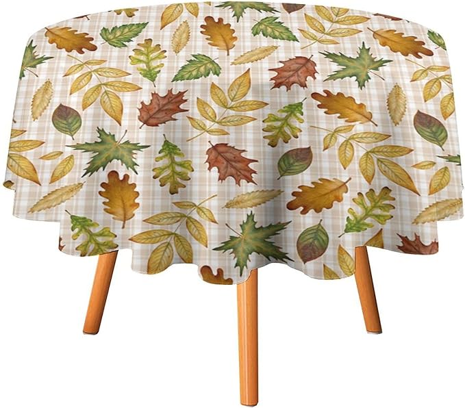 YCness Autumn Maple Leaves Tablecloth, Thanksgiving Autumn Harvest Watercolor Ginkgo Biloba Abstract Geometry Leaves Table Cover for Party Picnic Dinner Decor 60x60 Inch Round
