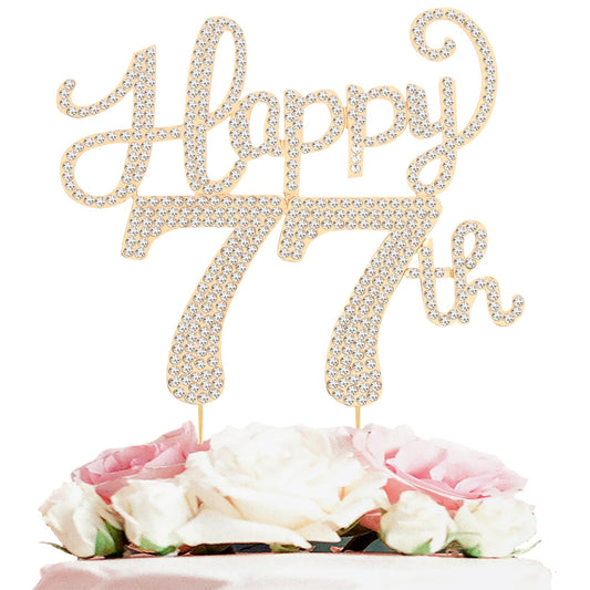 Happy 77th Birthday Decorations,77th Birthday Gold Rhinestone Cake Topper - Cheers to 77 Years Old Bday Party Metal Sparkly Cake Centerpieces Sign.