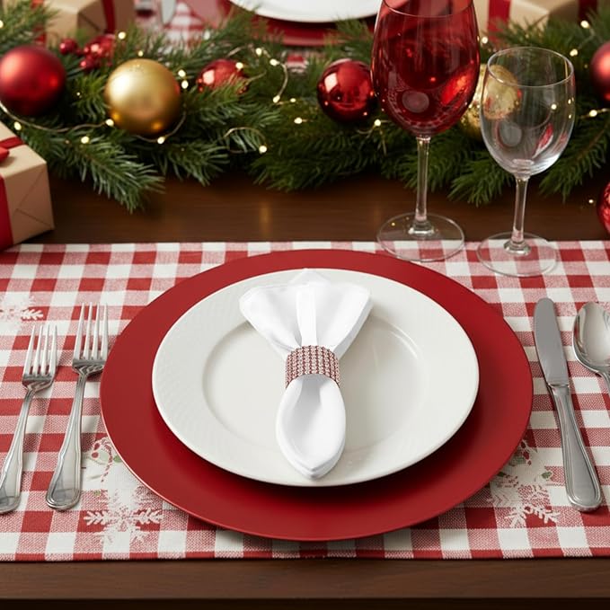 Tanlade 100 Pcs Charger Plates Set Bulk Include 50 Plastic Plate Chargers and 50 Napkin Rings 13" Round for Dinner Table Setting Wedding Baby Shower Decoration(Red)