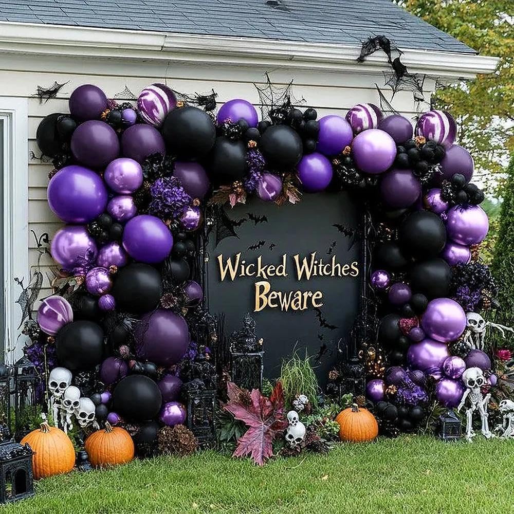 Black Purple Balloon Garland Double Stuffed Latex Dark Purple Black Balloons Arch Kit for Birthday Wednesday Graduation Gothic Vampire Prom Decorations
