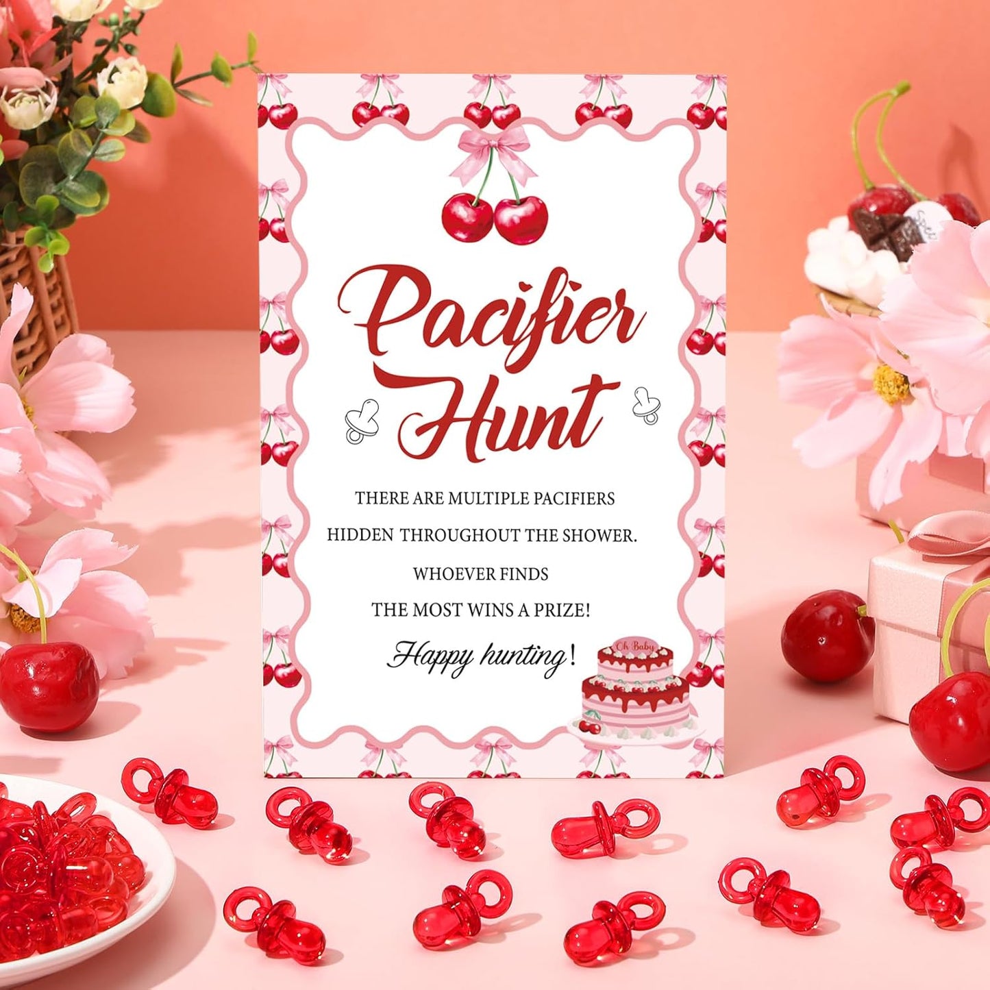 Thyle 51 Pcs She's Our Cherry on Top Baby Shower Games Red Cherry Pacifier Hunt Include Hunt Sign and 50 Acrylic Pacifiers for Christmas Baby Shower Game Decoration Gift Sets Gender Reveal Party Decor