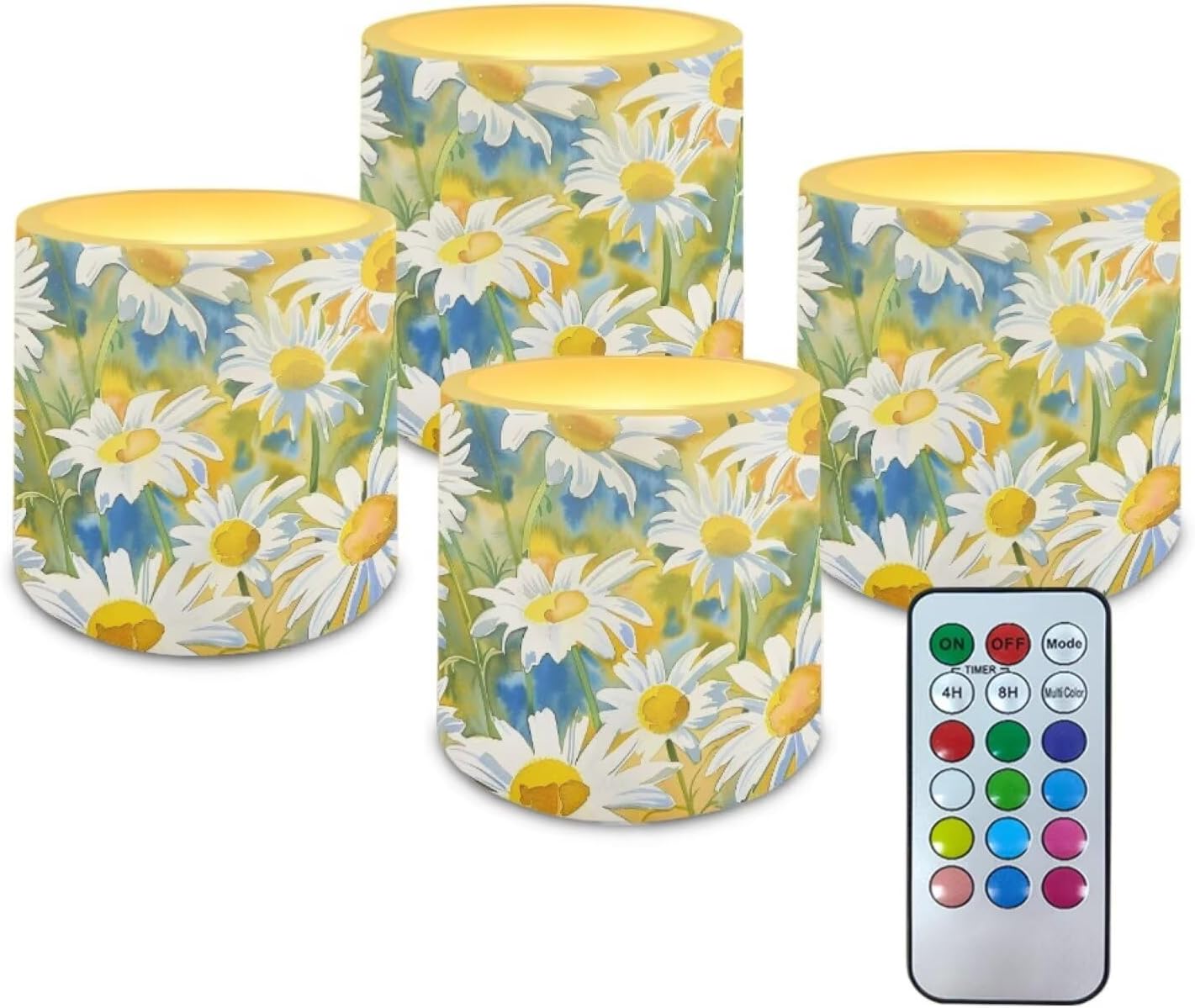 Poceacles Remote Control LED Flameless Candles Set of 4, Decorative Flickering Battery-Powered Candles with Remote Control for Restaurant Cafe Party Decor, Daisy Green Yellow Blue