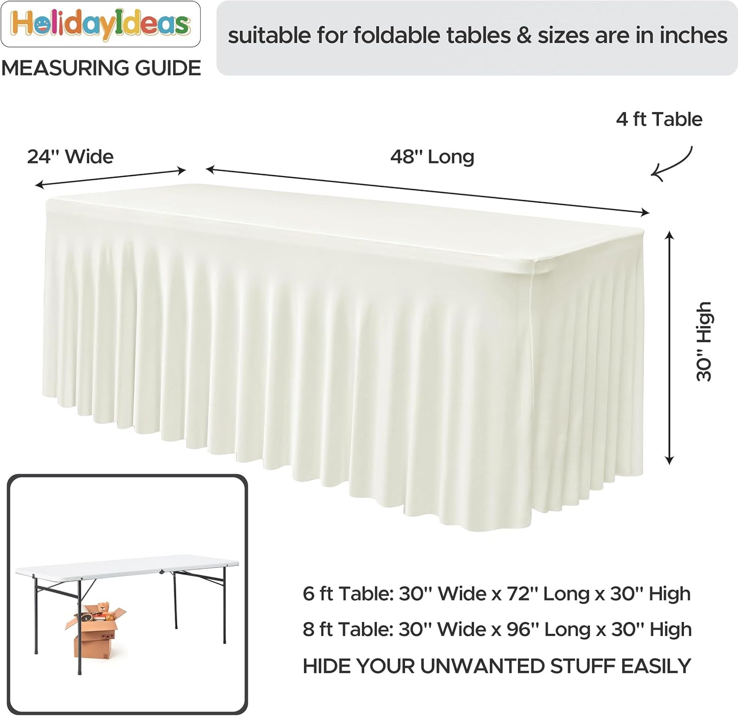 HolidayIdeas Stretch Pleated Spandex Table Skirts for 4 Foot Rectangle Tables, 2 Pack, Beige, Wrinkle-Resistant, Durable & Multi-Purpose Spandex Tablecloth for Weddings, Parties, Banquet