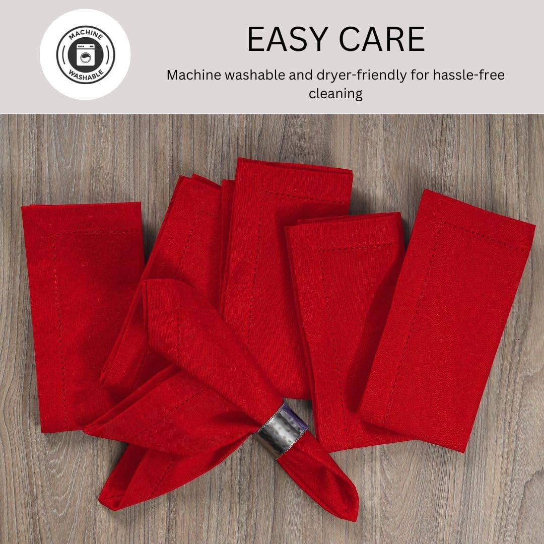 Hemstitch Cloth Dinner Napkins 100% Cotton Set of 12 - for Dining Special Occasions Weddings Parties Holidays Easter - Soft Durable Reusable - Elegant 18x18 Inch Table Cloth Napkins Red