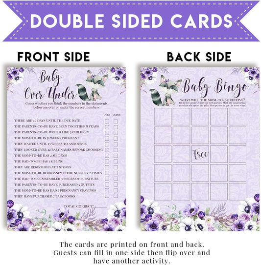Amanda Creation Baby Shower Games 8 Game Set Purple Little Rascal Cute Raccoon Girl 80 Double-Sided Cards for 20 Guests. Baby Shower Bingo, Baby Predictions & Activities for Guests. Theme for Girl