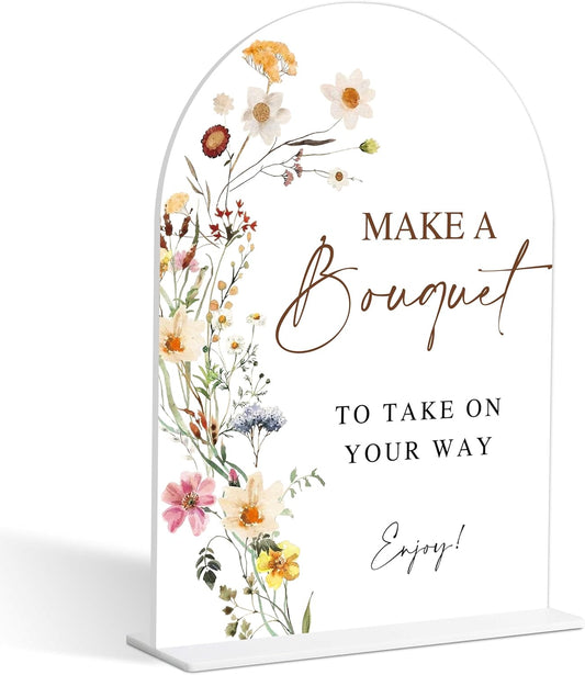 Make A Bouquet Sign, Flower Style Bridal Shower Sign for Wedding, Engagement, Bridal Shower and Reception, Bridal Shower Decorations, Wedding Shower Favors, 6X8 Inch Acrylic Arch Sign with Stand,2