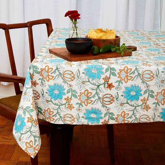 Block Print Cotton Dining Table Cloth, 90" x 60", Rectangle Tablecloth, Decorative Fabric Table Cover, Holidays, Thanksgiving, Christmas, Weddings, Housewarming Gift (Orange Turquoise Blue Lotus)