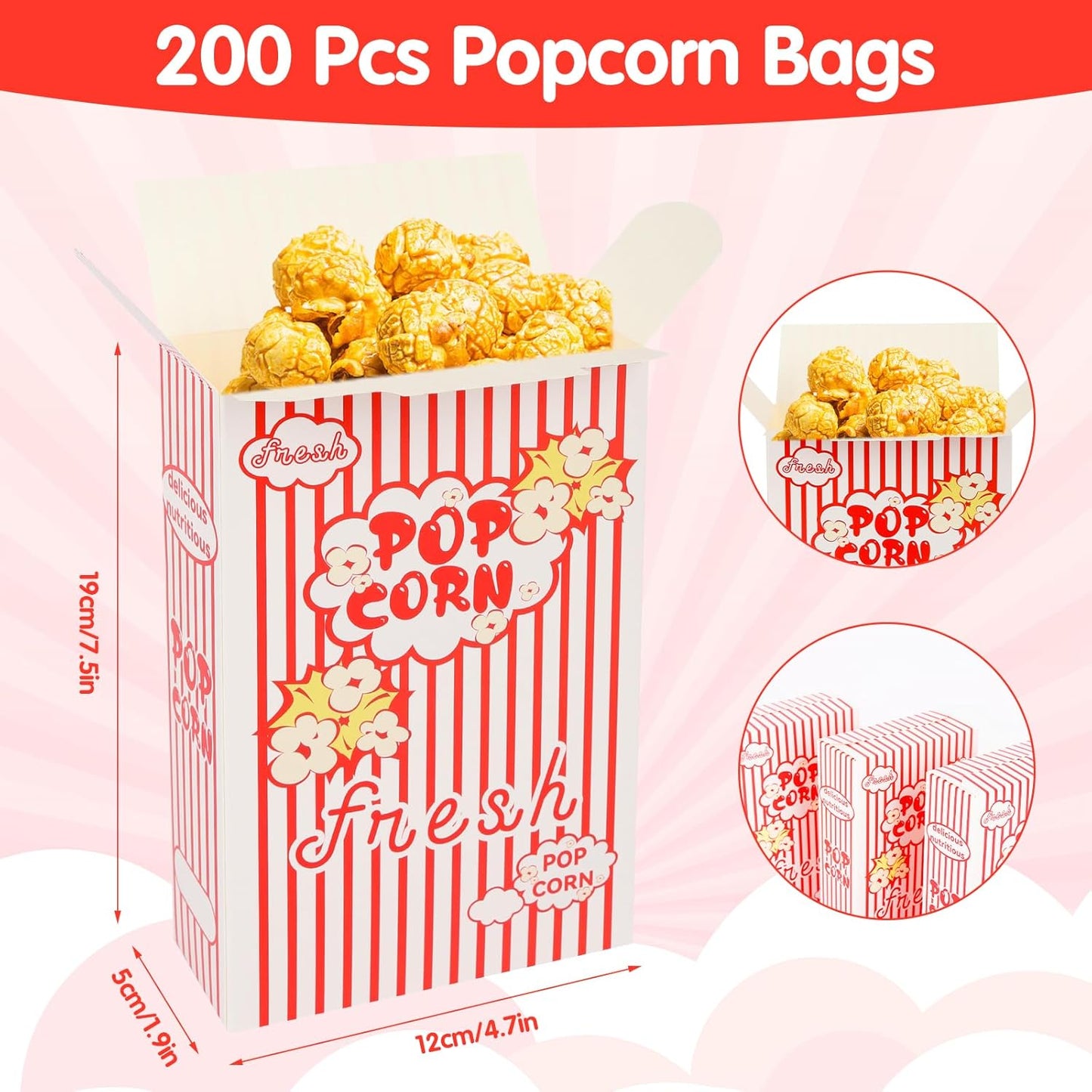 200 Pack Popcorn Boxes for Party, 1.25 oz Popcorn Containers for Party, Popcorn Boxes Bulk, Red and White Striped Close-Top Cardboard Pop Corners Bags Individual Servings for Movie Night Supplies