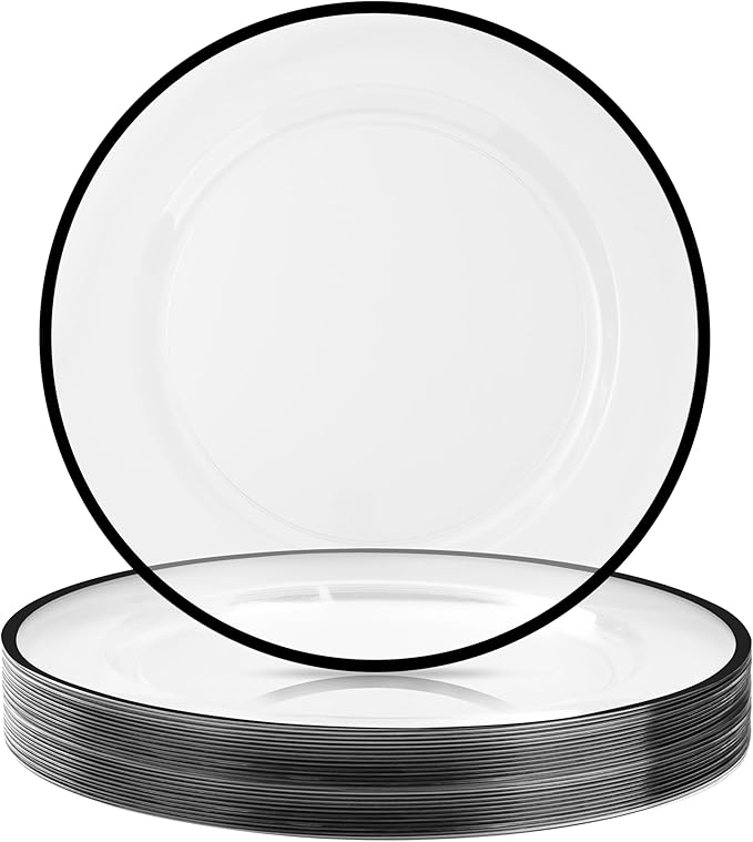 BESTSTAR 12 Inch Disposable Decor Charger Plates, 25 Pack Plastic Clear Plates with Gold Rim, Perfect Table Decor for Party, Wedding, Dinner