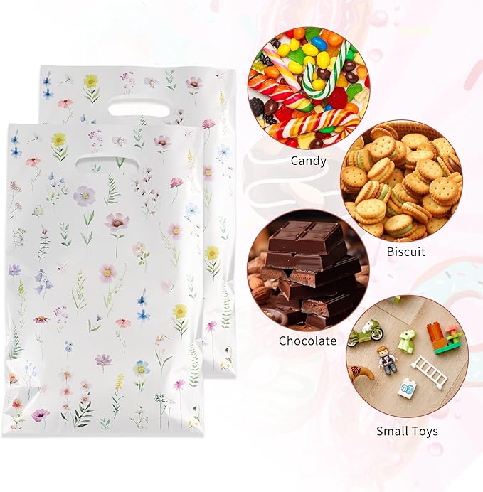 ARPOVIST 100 Pcs Small Wildflower Gift Bags,9.8" x 6.5" Floral Plastic Goody Bags with Handles for Baby Shower, Birthday, Wedding, Spring & Summer Party Favors, Candy Treat Bags Bulk